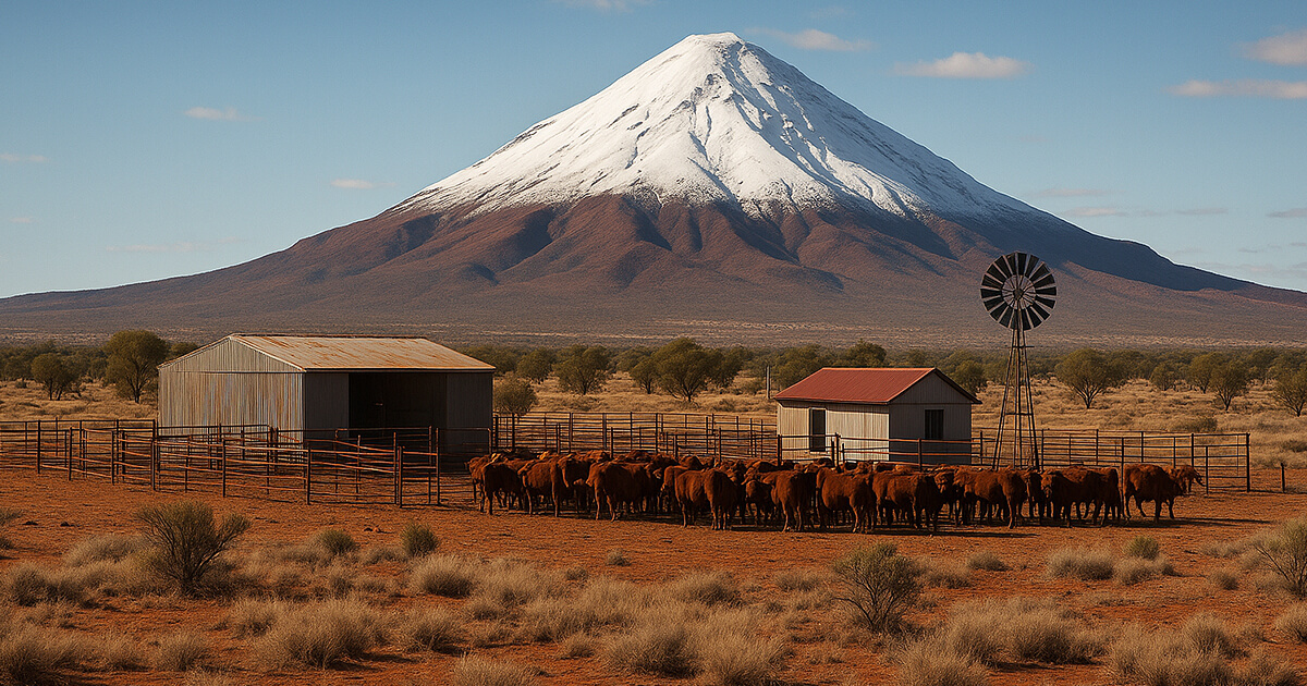 AI image of a cattle station in Australia with snowy mountain